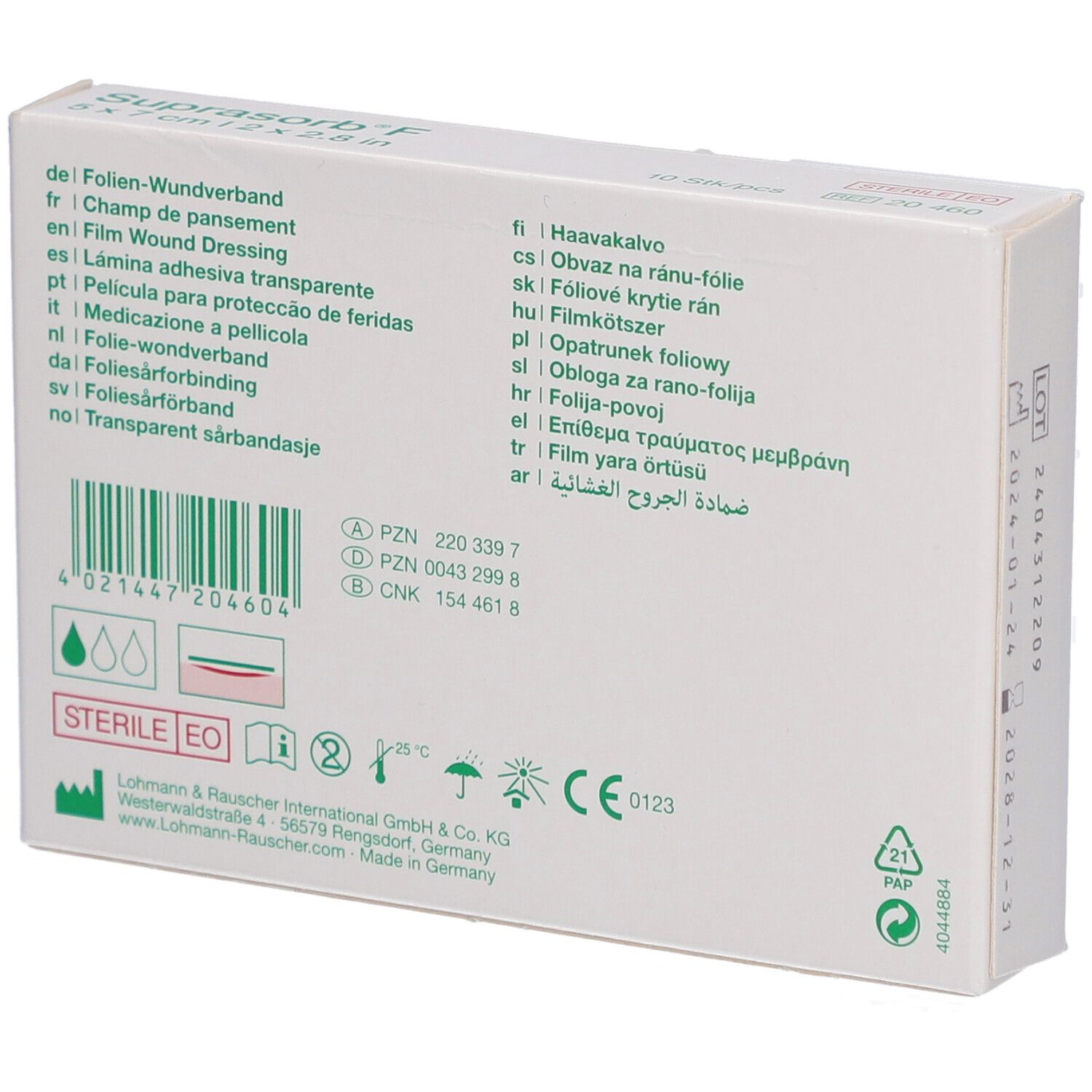 Dos de la boîte de Suprasorb F. Contient des informations multilingues, des logos et des certifications.