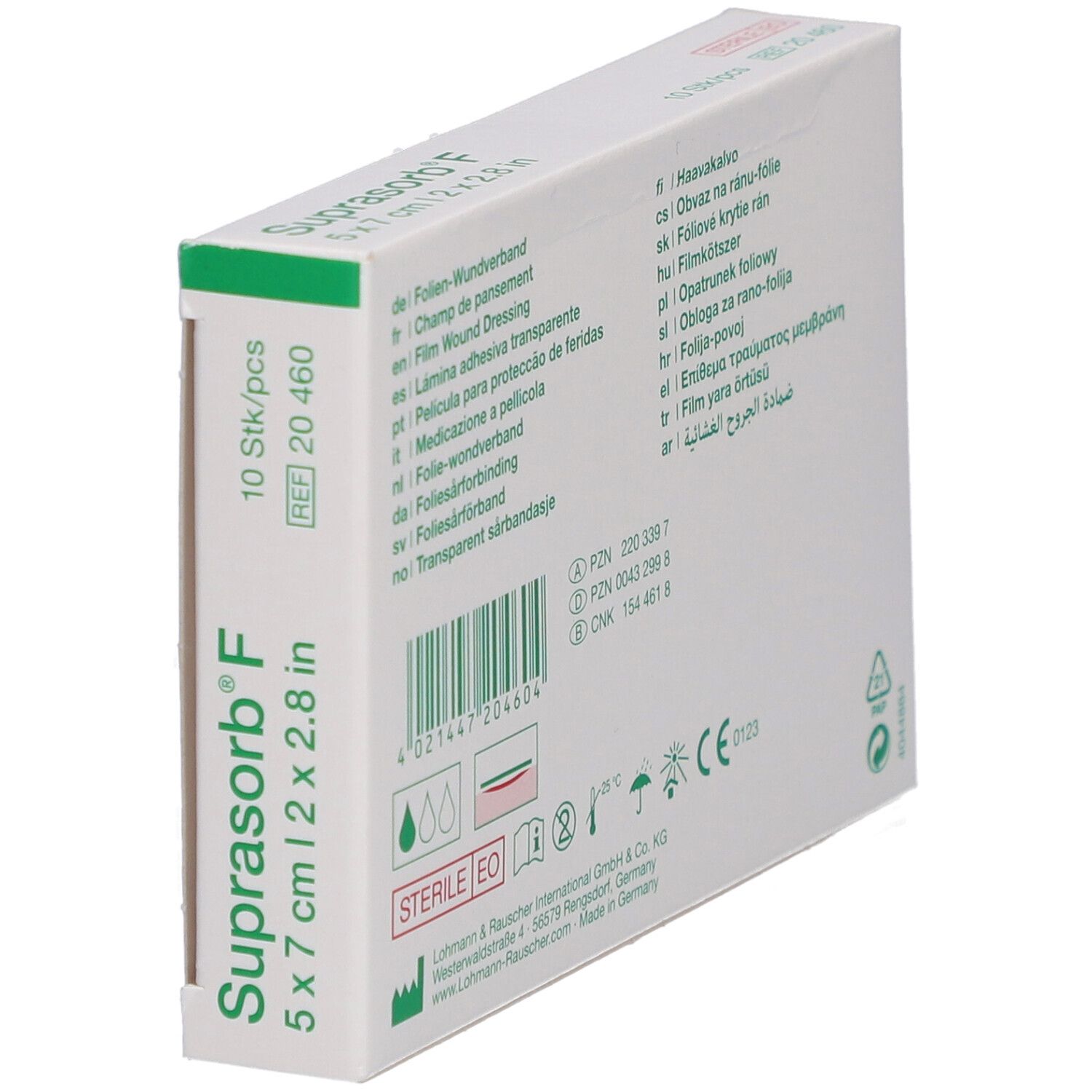 Dos en biais de la boîte de Suprasorb F. Informations multilingues, logos et certifications.