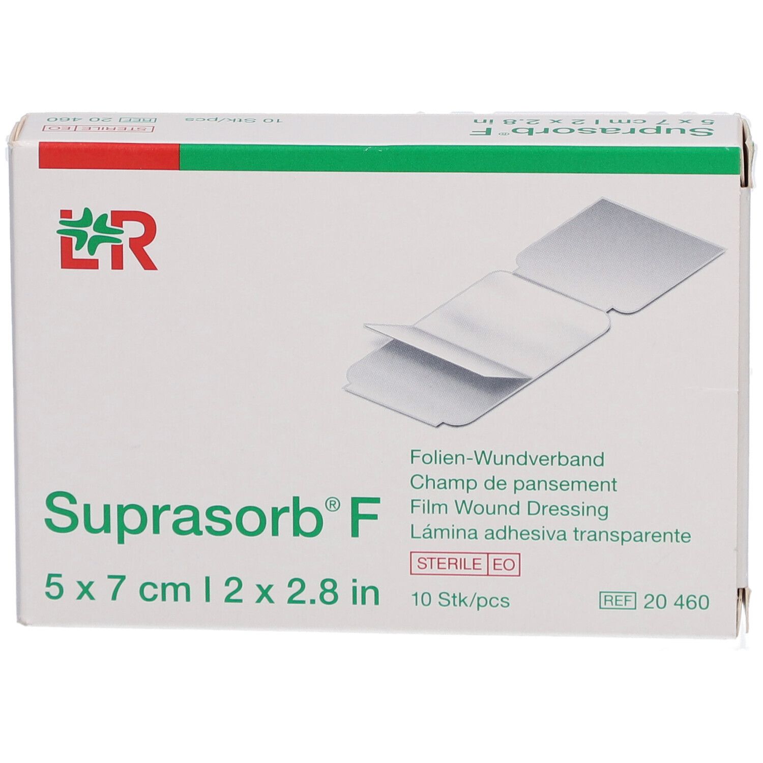Boîte de Suprasorb F, 5 x 7 cm. Contient 10 pansements stériles. Nom du produit, taille, logo.