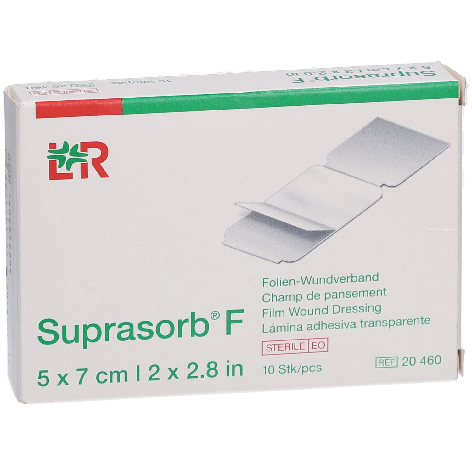 Boîte de Suprasorb F, 5 x 7 cm. Contient 10 pansements stériles. Nom du produit, taille, logo.