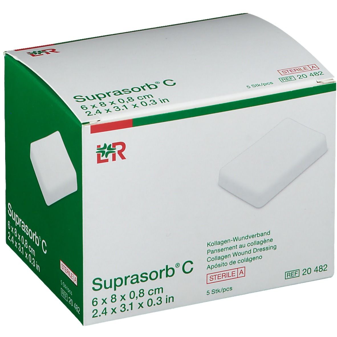 Karton mit Suprasorb C Wundverband. Größe: 6 x 8 x 0,8 cm. 5 Stück pro Packung. Sterile Verpackung.