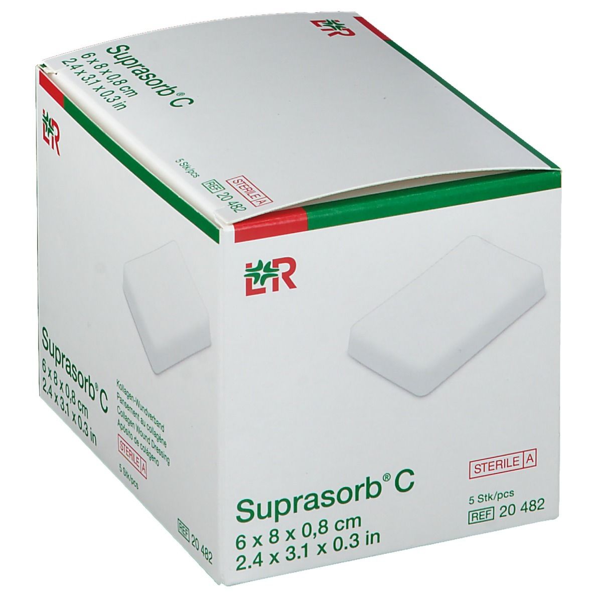 Geöffnete Verpackung von Suprasorb C. 6 x 8 x 0,8 cm. 5 Stück. Sterile Wundauflage. Grün-weiße Verpackung.