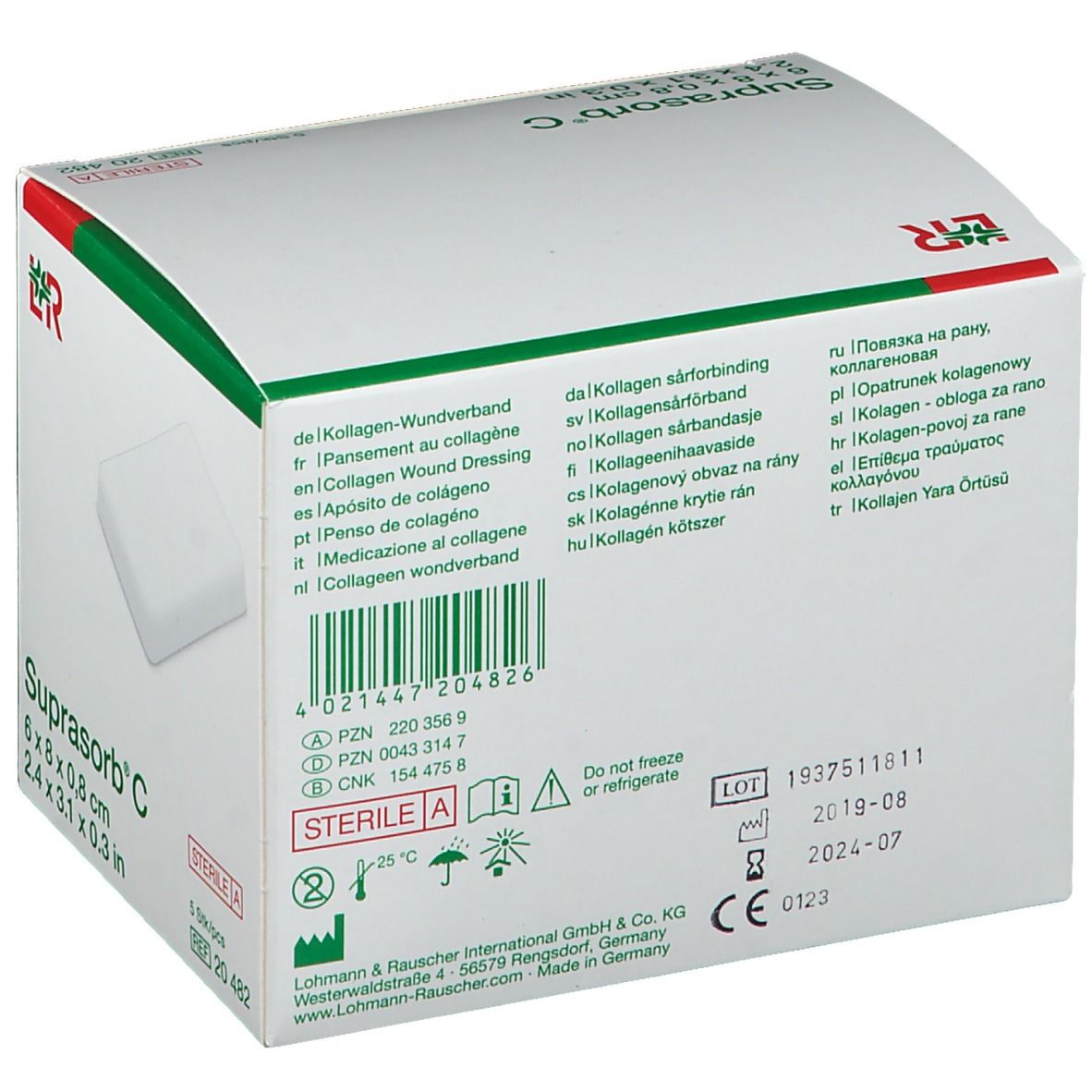 Rückseite der Suprasorb C Verpackung. Produktinformationen, Chargennummer, Hersteller. Sterile Wundauflage.
