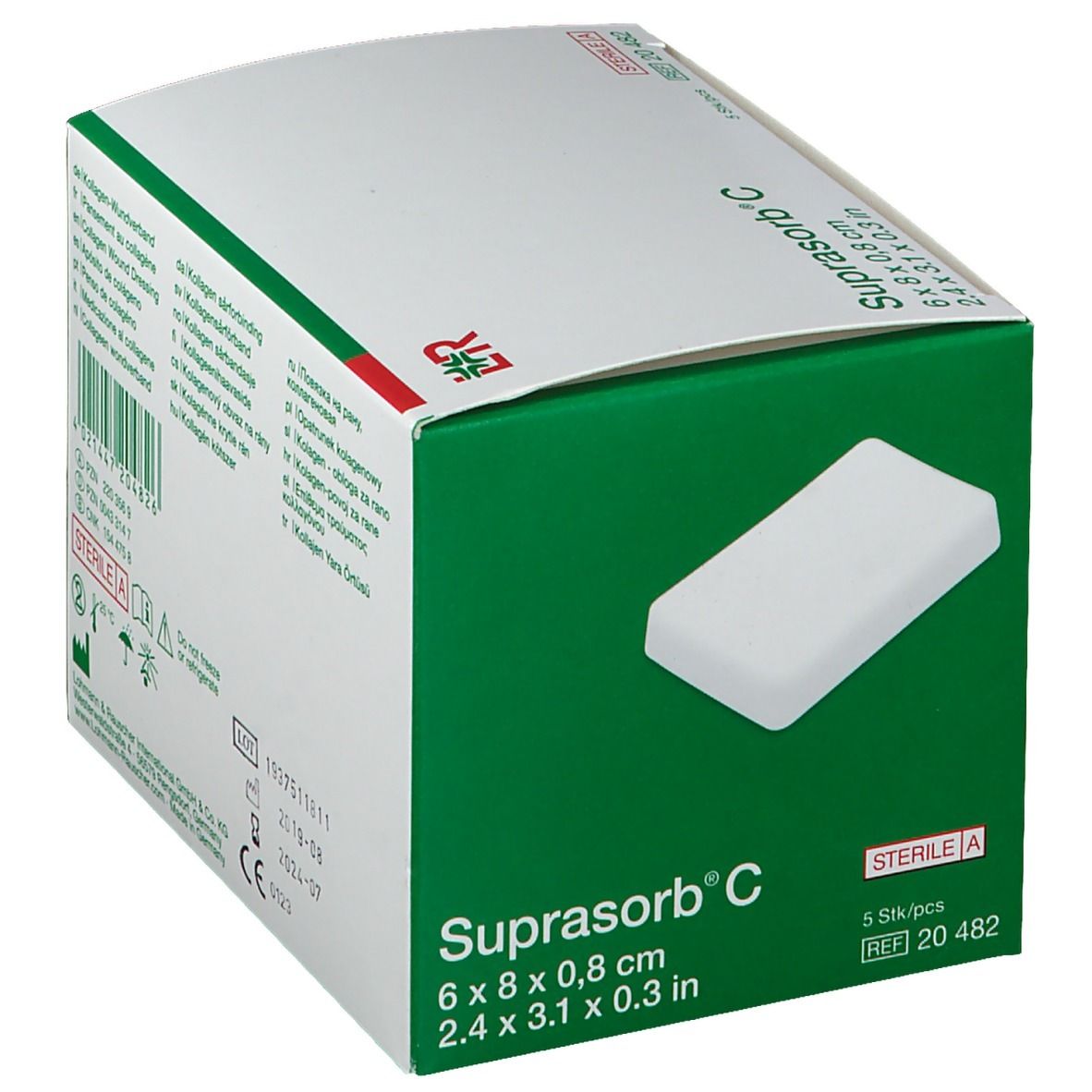 Suprasorb C Verpackung. 6 x 8 x 0,8 cm. 5 Stück. Sterile Wundauflage. Grüne und weiße Verpackung.