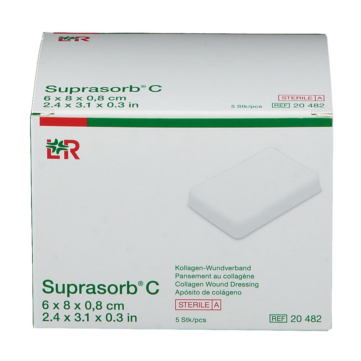 Suprasorb C Verpackung. 6 x 8 x 0,8 cm. 5 Stück. Sterile Wundauflage. Grün-weiße Verpackung.
