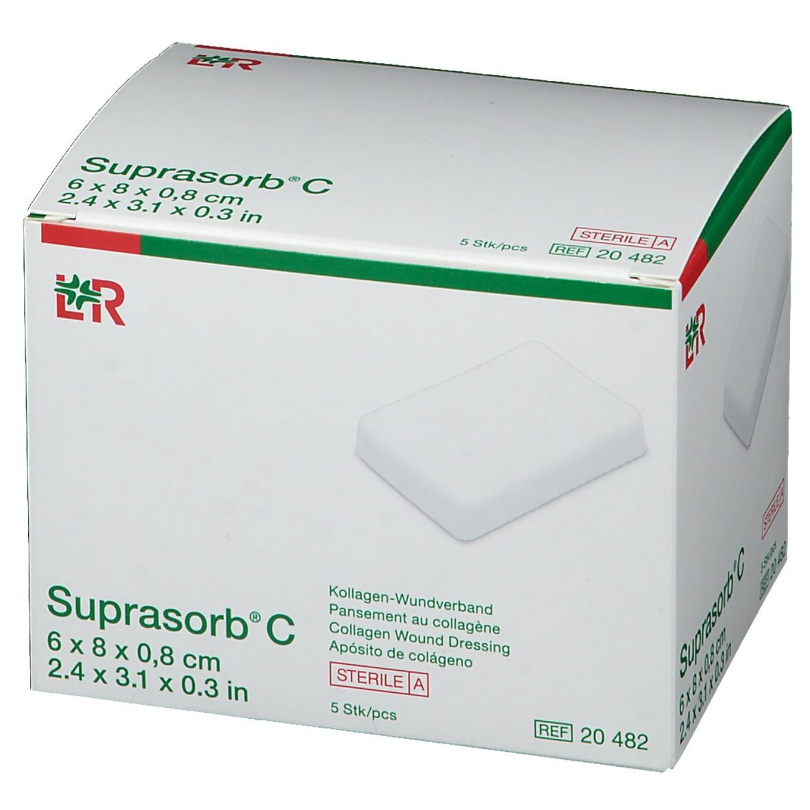 Suprasorb C Verpackung. 6 x 8 x 0,8 cm. 5 Stück. Sterile Wundauflage. Grün-weiße Verpackung.