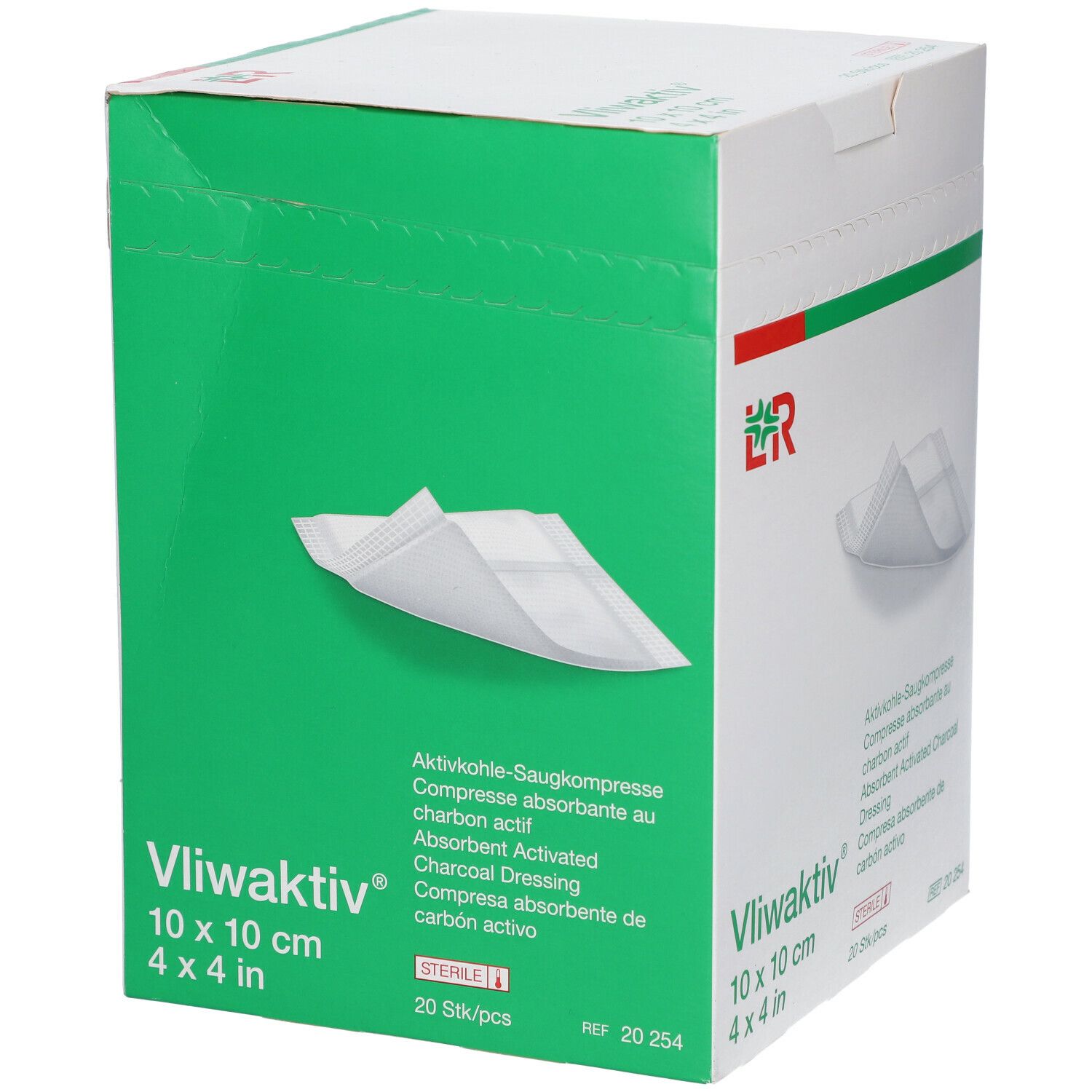 Boîte de Vliwaktiv® 10 x 10 cm. Compresse absorbante au charbon actif. 20 pièces. Stérile.