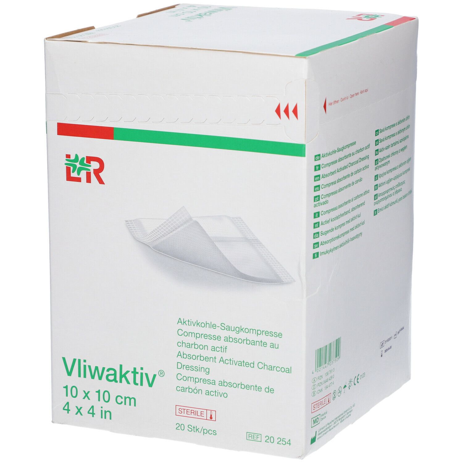 Boîte de Vliwaktiv® 10 x 10 cm. Compresse absorbante au charbon actif. 20 pièces. Stérile.