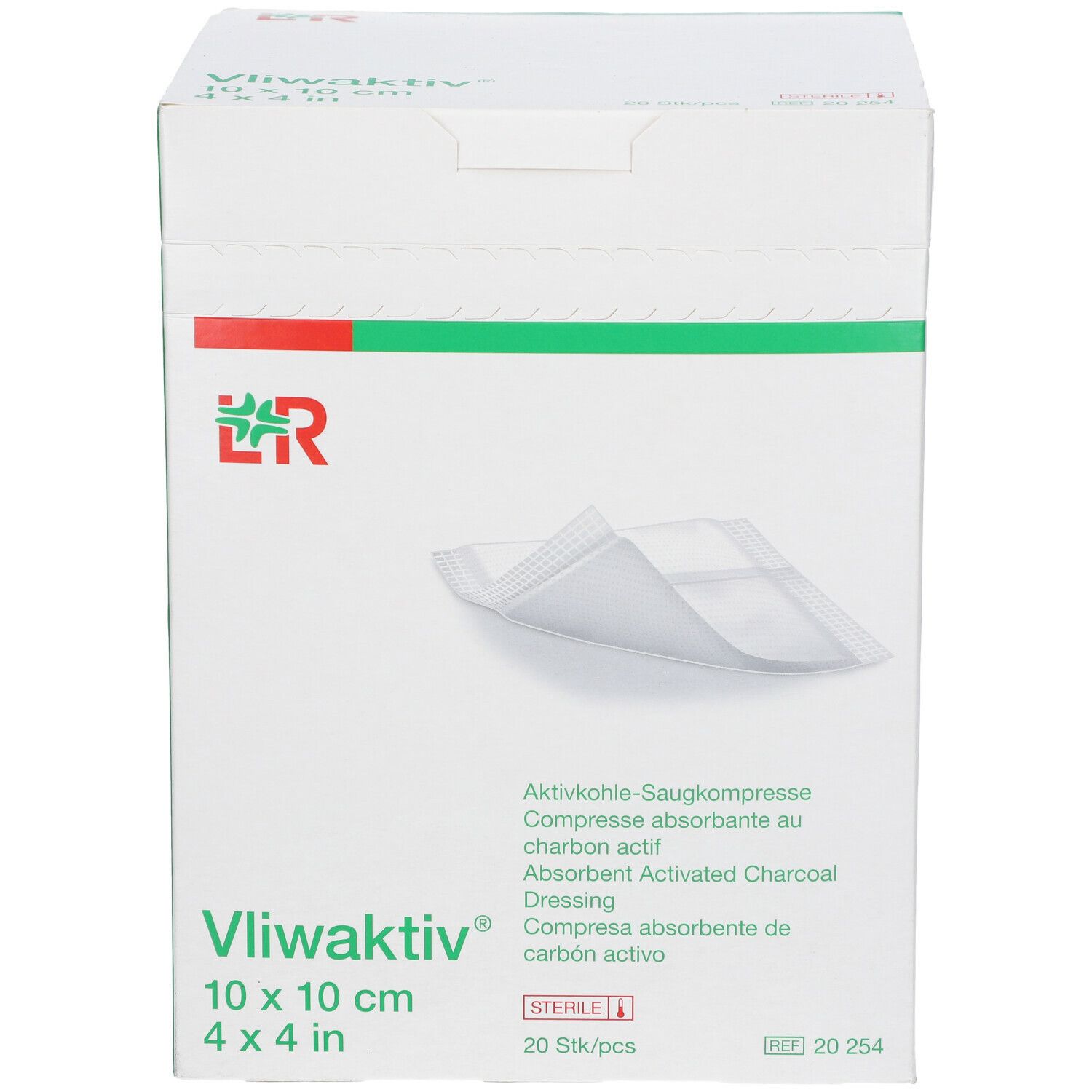 Boîte de Vliwaktiv® 10 x 10 cm. Compresse absorbante au charbon actif. 20 pièces. Stérile.