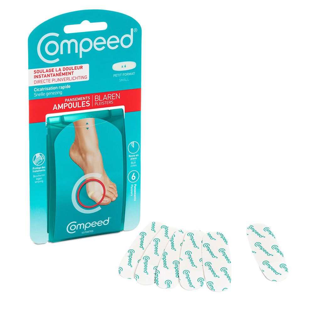 Verpakking van Compeed® Blarenpleisters small en enkele pleisters. Productnaam en kenmerken.