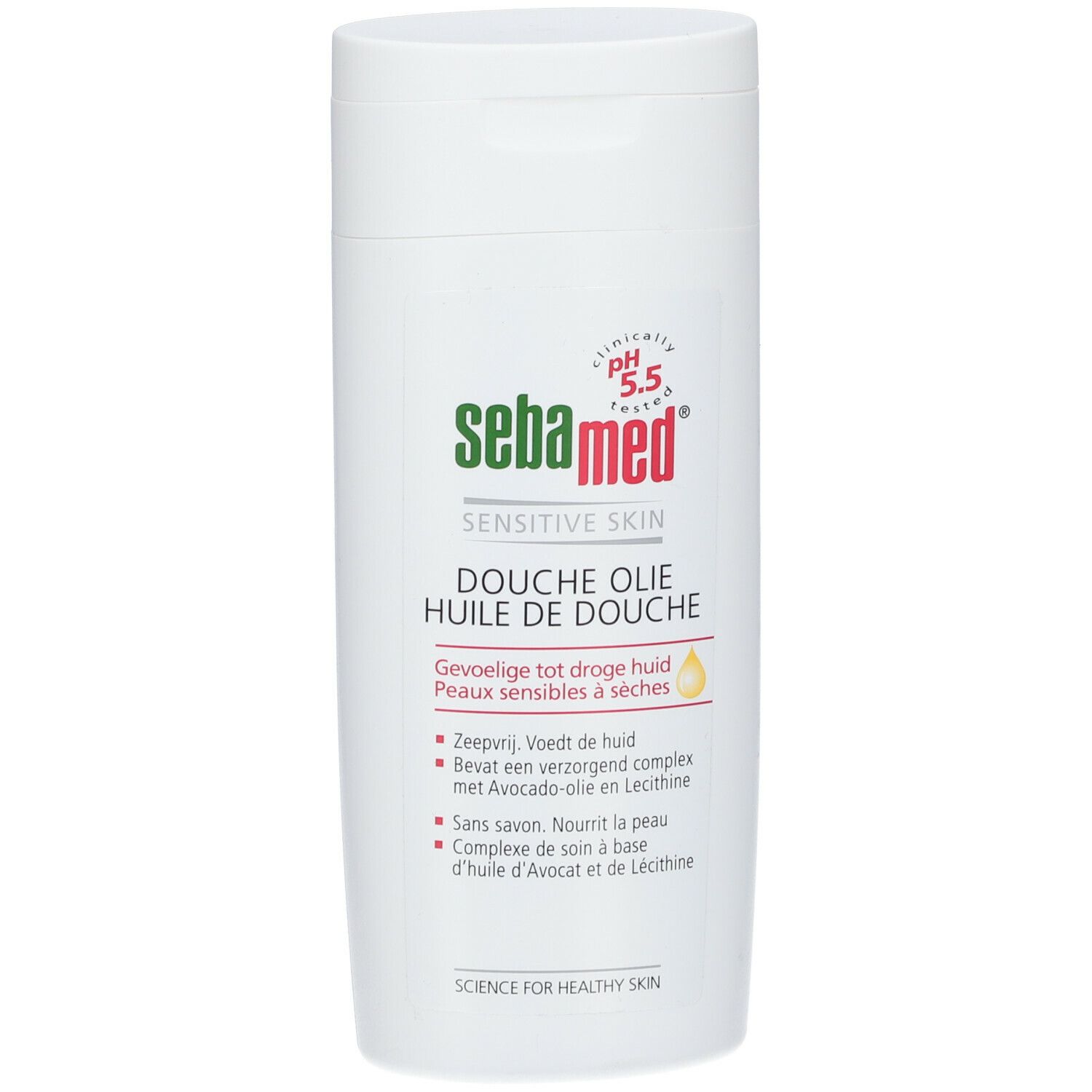 Flacon blanc avec logo vert et texte rouge. Nom du produit: Huile de douche. Texte: Pour peaux sensibles et sèches. Goutte jaune.