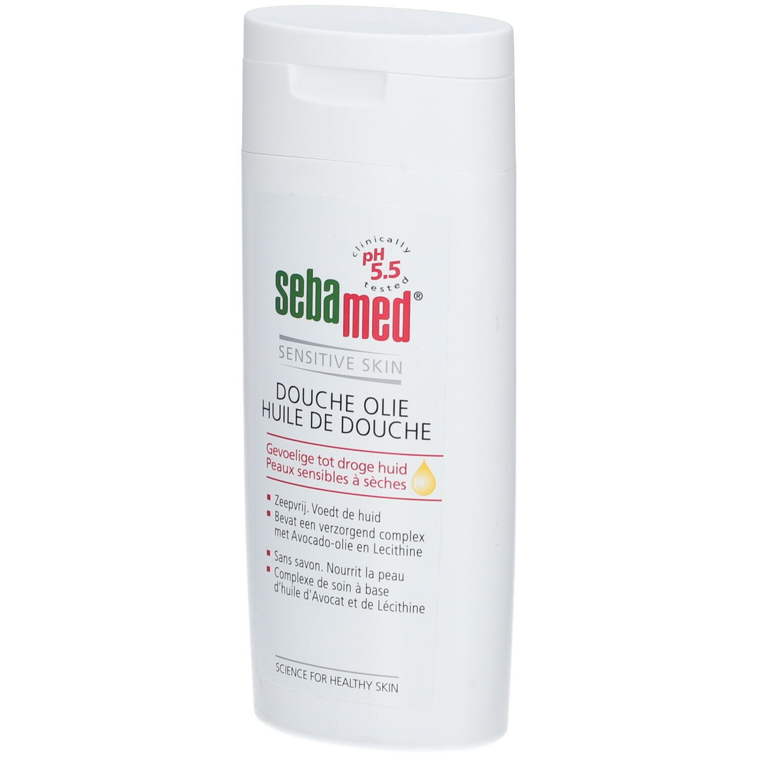 Flacon blanc avec logo vert et texte rouge. Nom du produit: Huile de douche. Texte: Pour peaux sensibles et sèches. Goutte jaune.