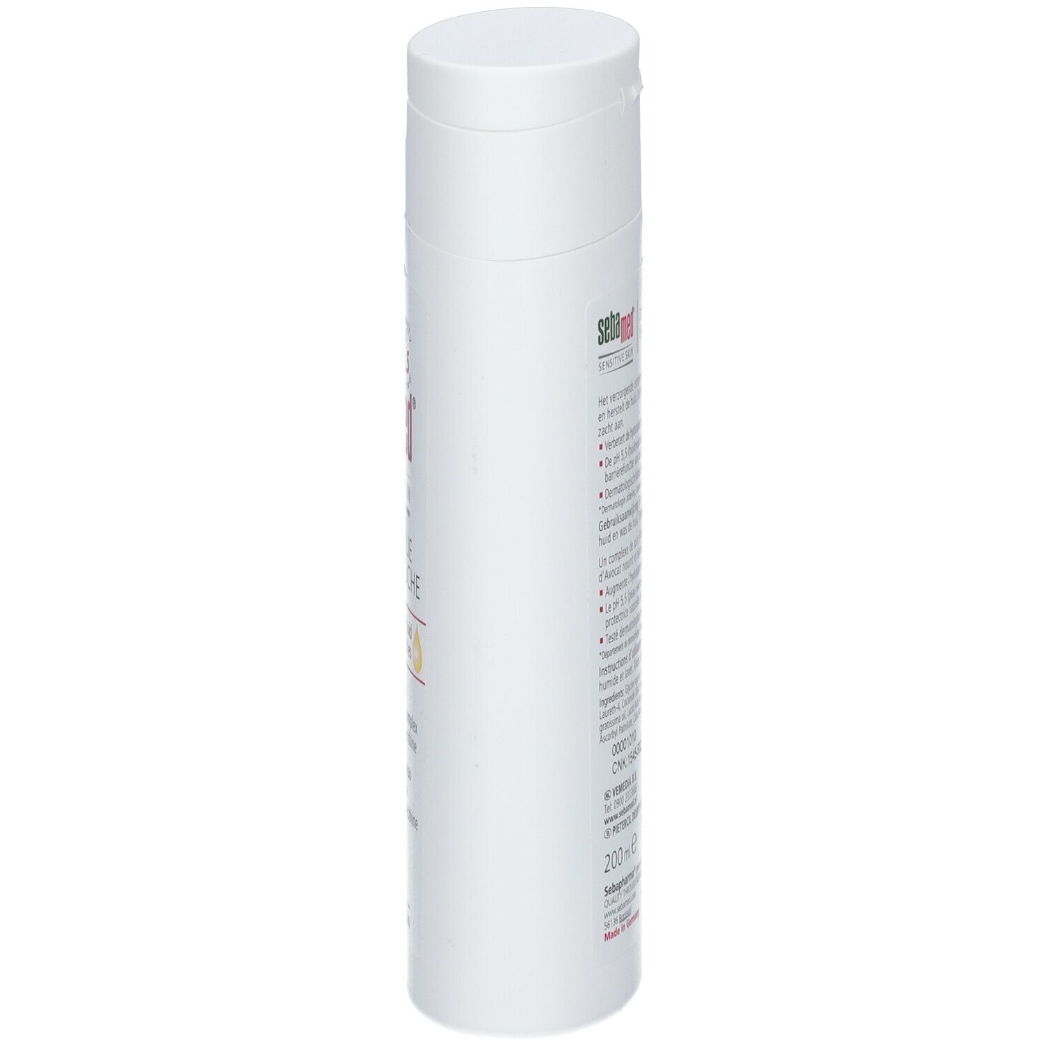 Flacon blanc avec logo vert et texte rouge. Nom du produit: Huile de douche. Texte: Pour peaux sensibles et sèches. Goutte jaune.