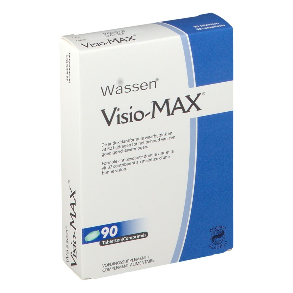 Boîte Visio-MAX avec 90 comprimés. Carton blanc avec accent bleu. Contient du zinc et de la vitamine B2. Marque : Wassen.