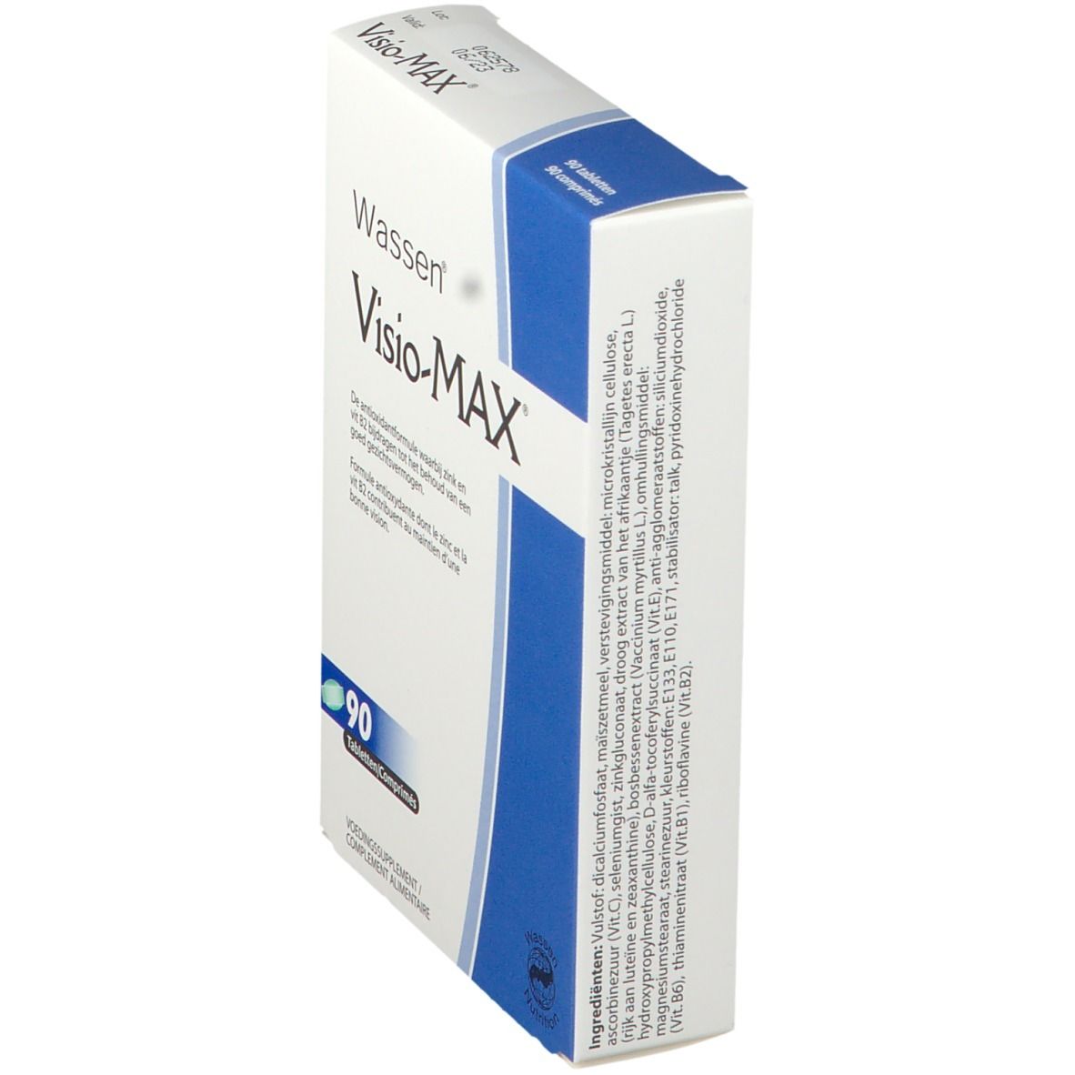 Vue latérale de la boîte Visio-MAX. Carton blanc avec accents bleus. Contient 90 comprimés. Liste des ingrédients visible.