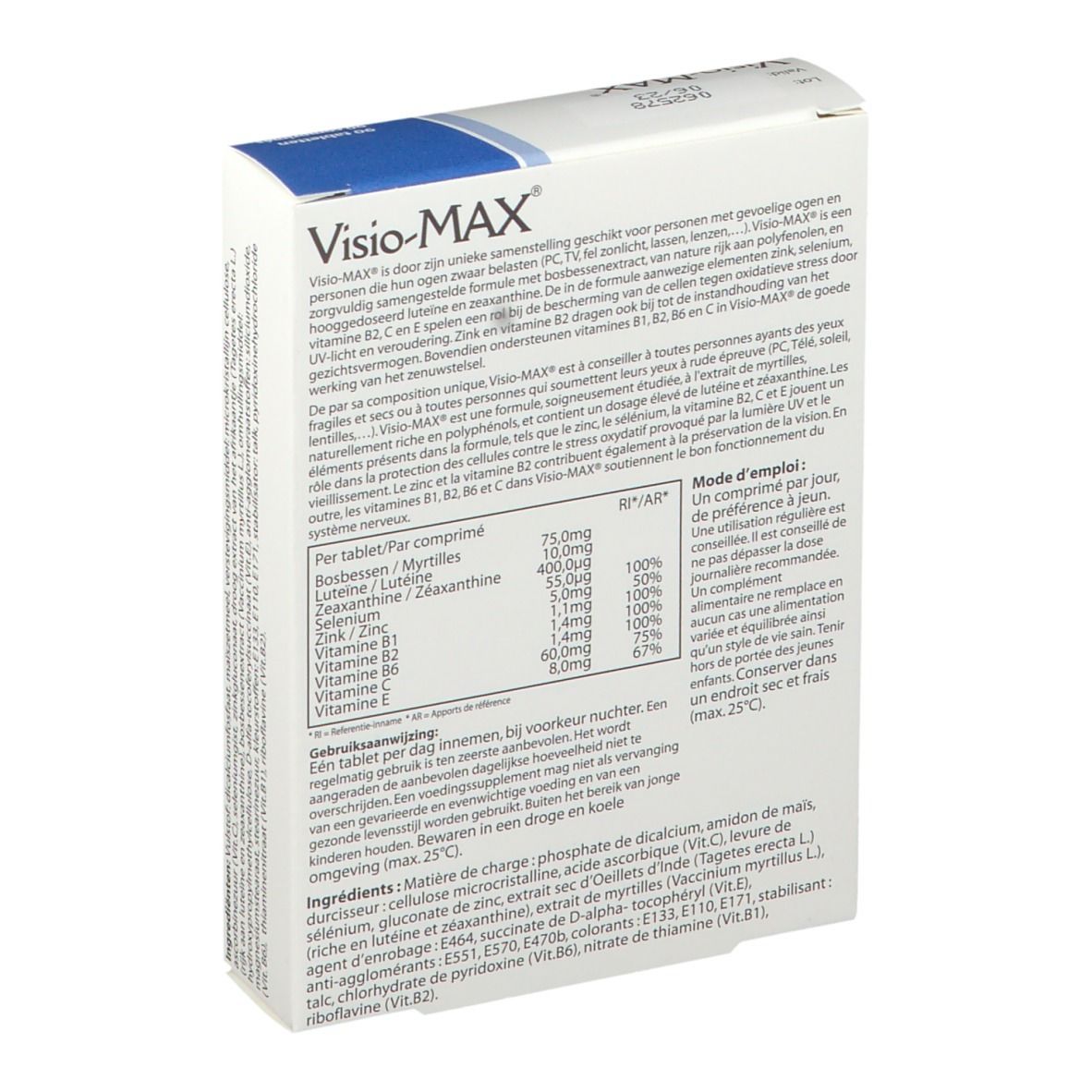 Dos de la boîte Visio-MAX. Contient des informations sur les ingrédients et le dosage. Texte multilingue.