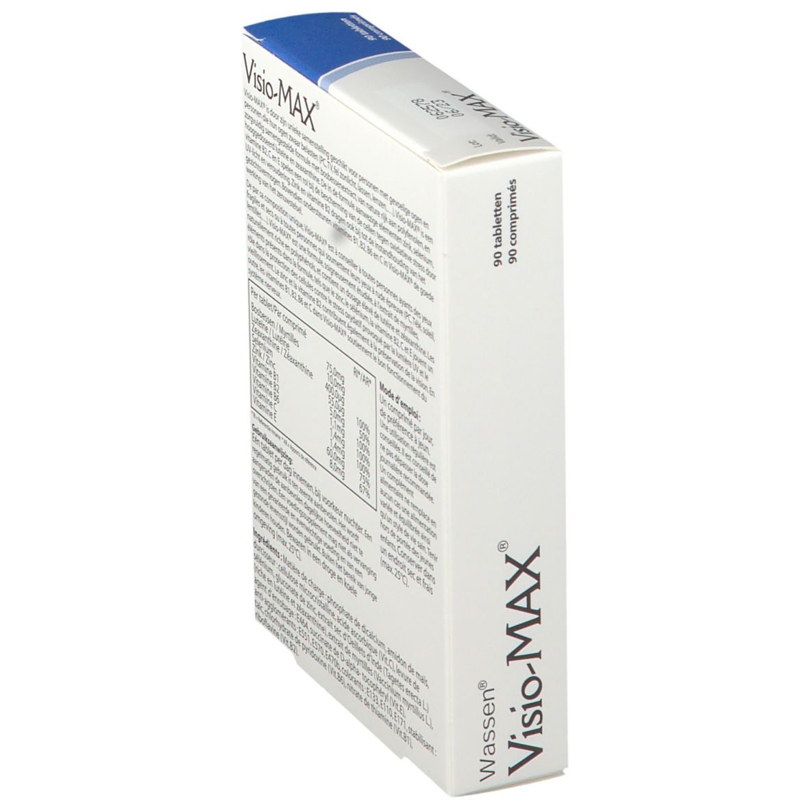 Boîte Visio-MAX, vue en biais. Carton blanc avec accents bleus. 90 comprimés. Marque : Wassen.