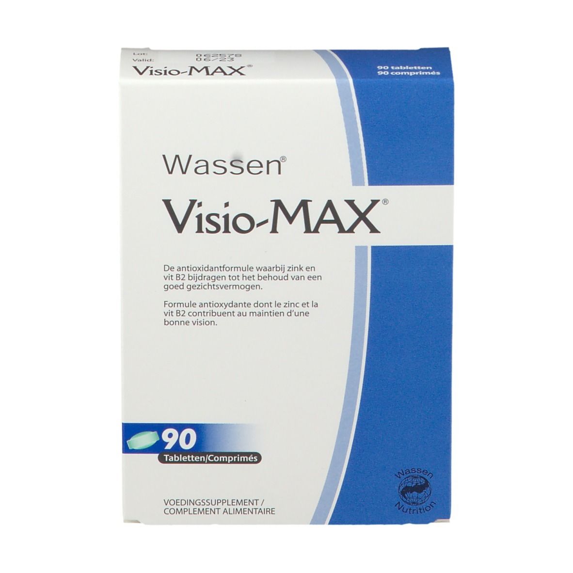 Boîte Visio-MAX avec 90 comprimés. Carton blanc avec accent bleu. Marque : Wassen. Complément alimentaire.