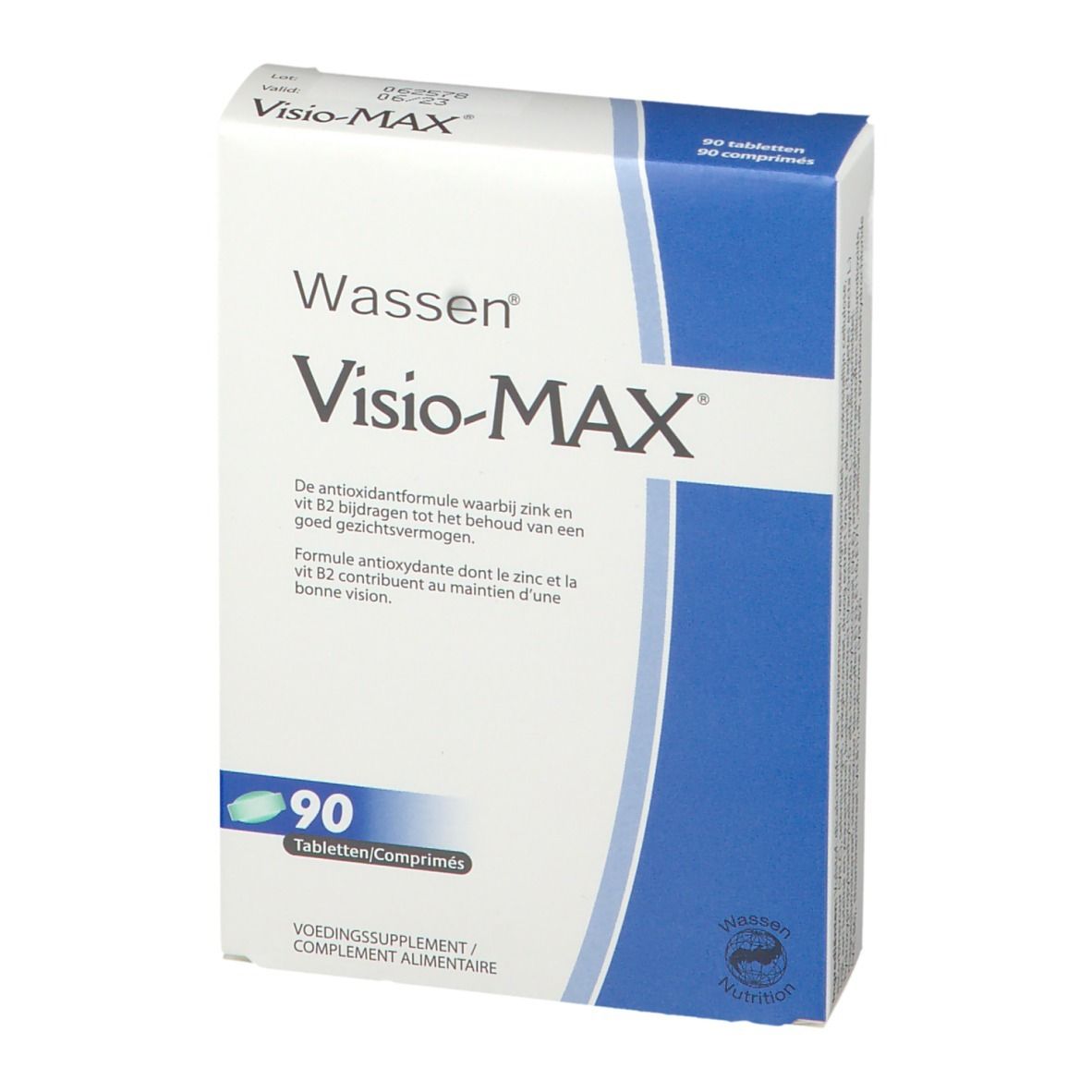 Boîte Visio-MAX avec 90 comprimés. Carton blanc avec accent bleu. Marque : Wassen. Complément alimentaire.