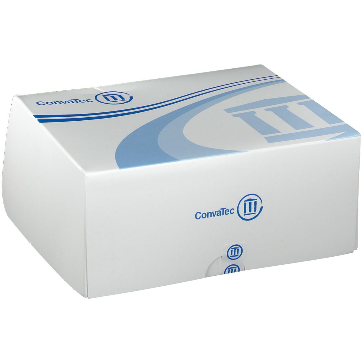 Witte Convatec-verpakking, blauw logo. Rechthoekige vorm, licht schuin.