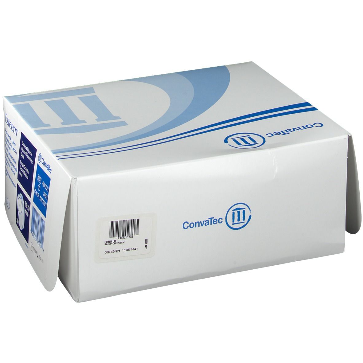 Witte Convatec-verpakking, blauw logo. Streepjescode en productinfo op de zijkant.