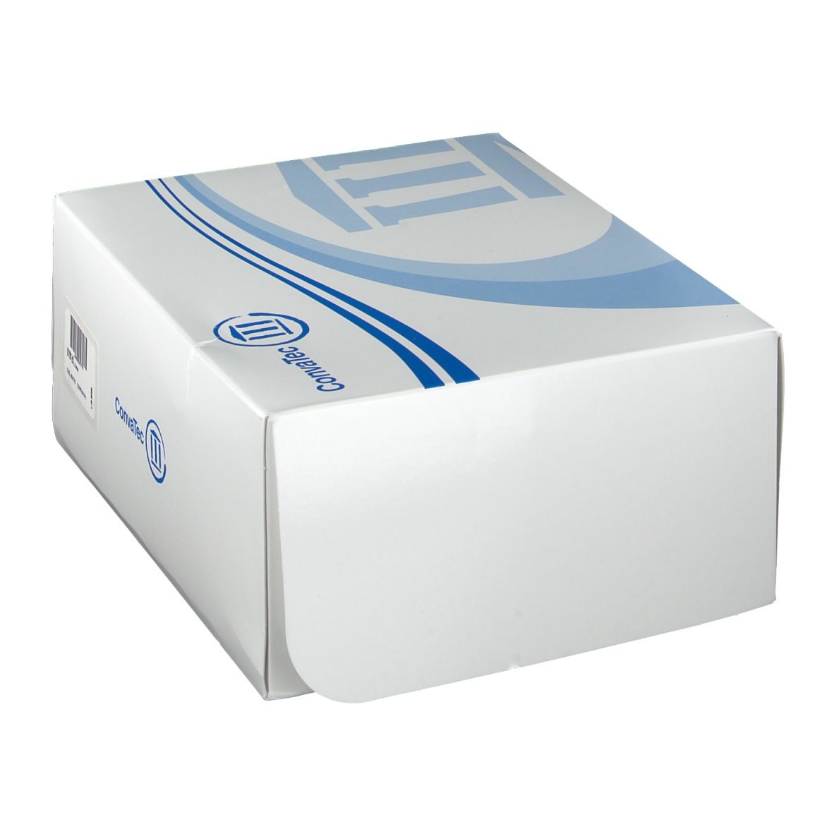 Witte Convatec-verpakking, blauw logo. Schuin beeld, rechthoekige vorm.