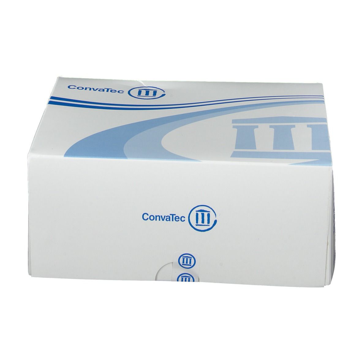 Witte Convatec-verpakking, blauw logo. Rechthoekige vorm, licht schuin.