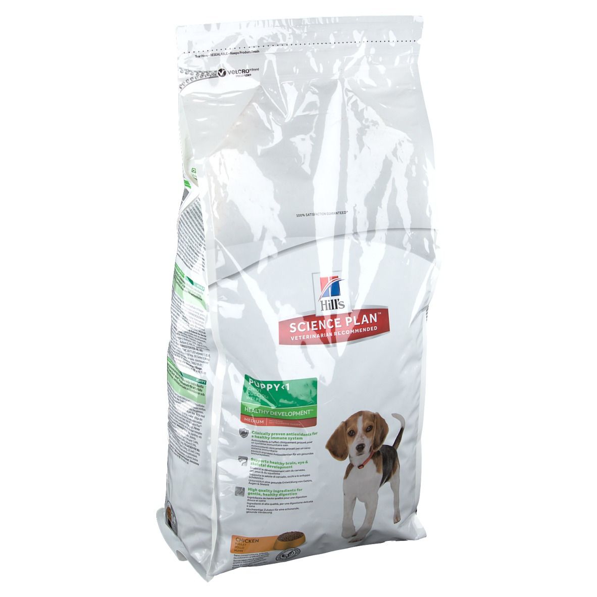 Sac de nourriture pour chiots Hill's Science Plan. Emballage blanc transparent avec image du produit et logo. Sac zippé.