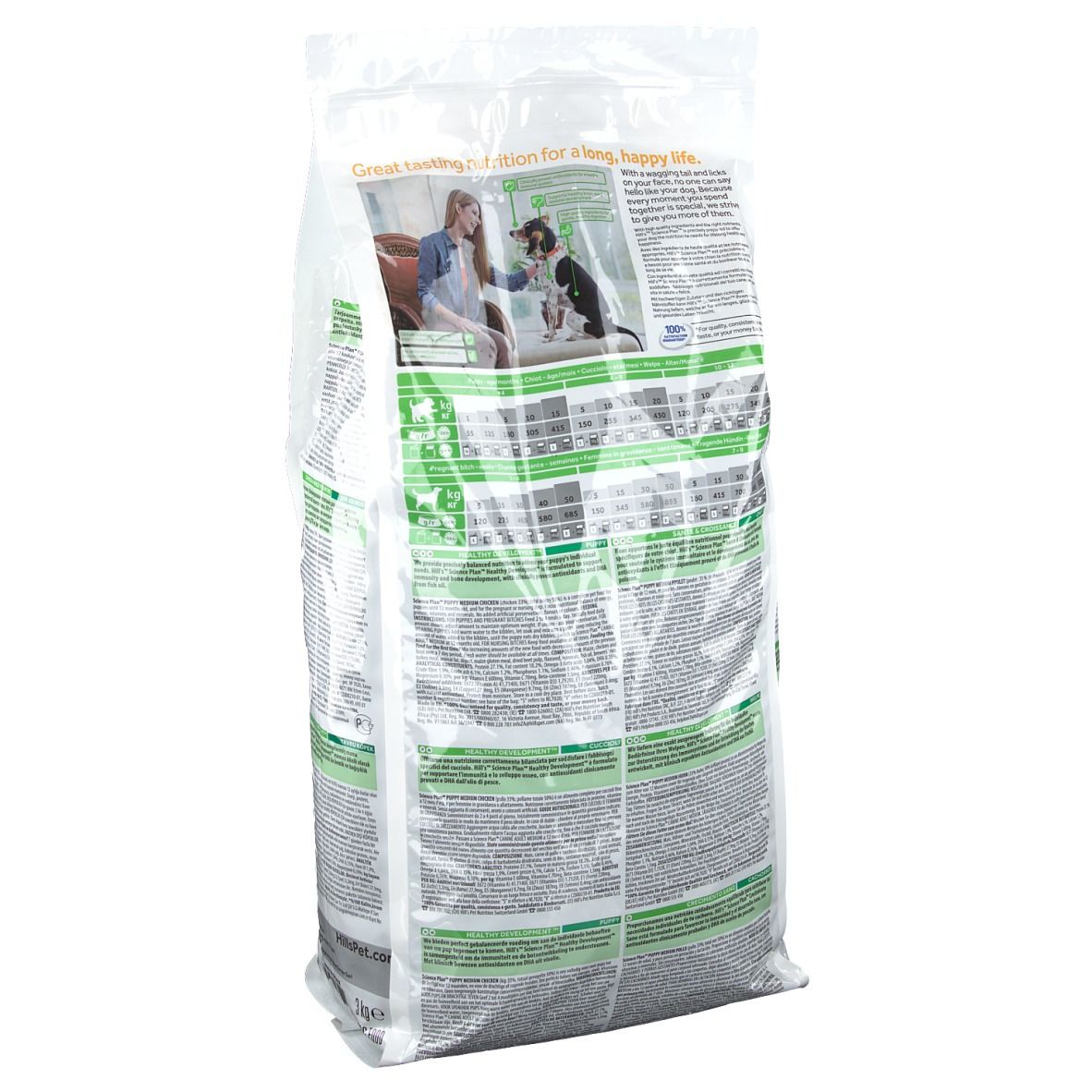 Dos du sac de nourriture pour chiots Hill's Science Plan. Texte et graphiques sur fond blanc. Emballage transparent.