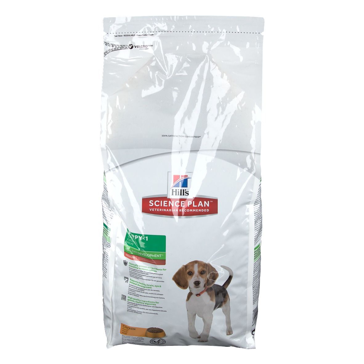 Sac de nourriture pour chiots Hill's Science Plan. Emballage blanc transparent avec image du produit et logo. Sac zippé.