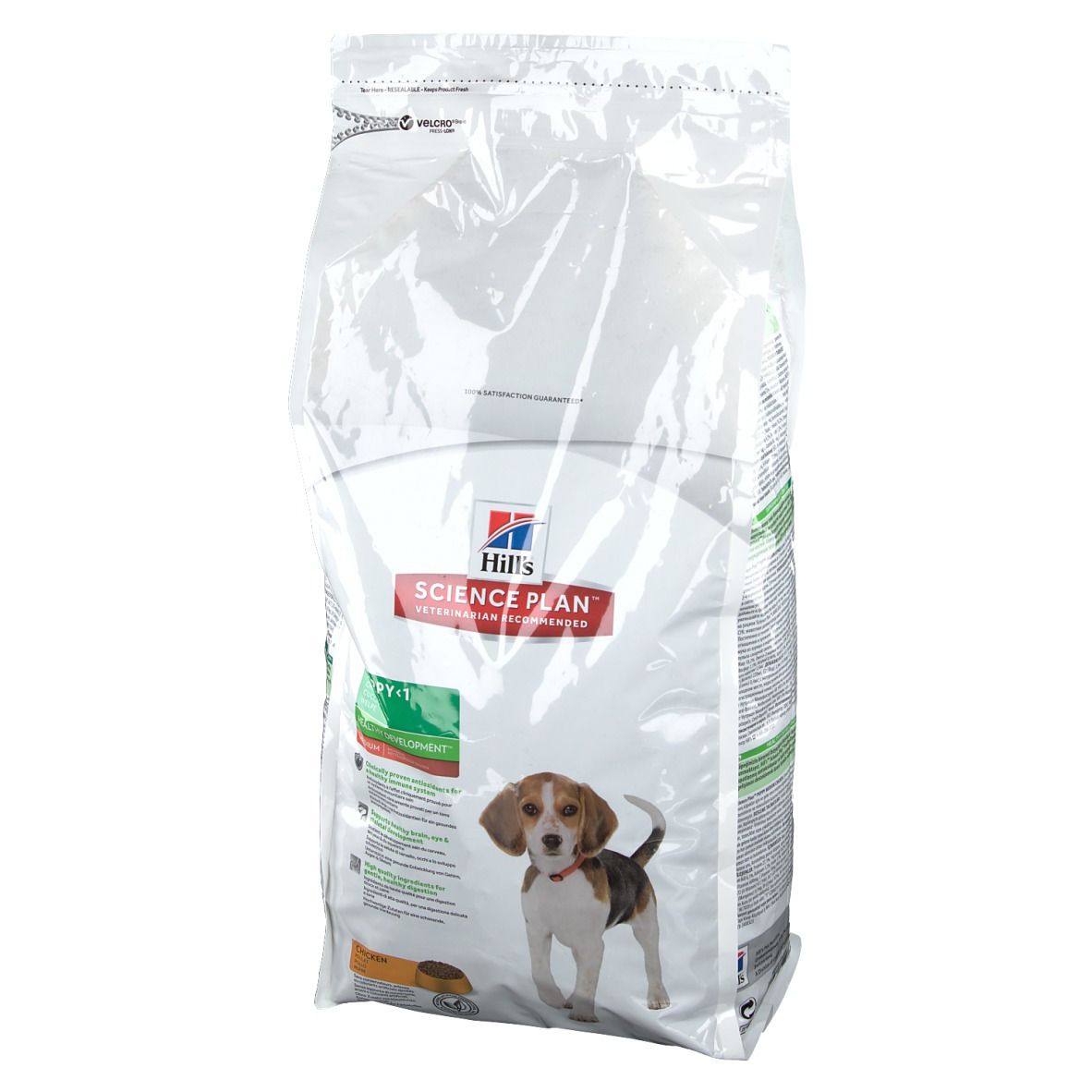 Sac de nourriture pour chiots Hill's Science Plan. Emballage blanc transparent avec image du produit et logo. Sac zippé.