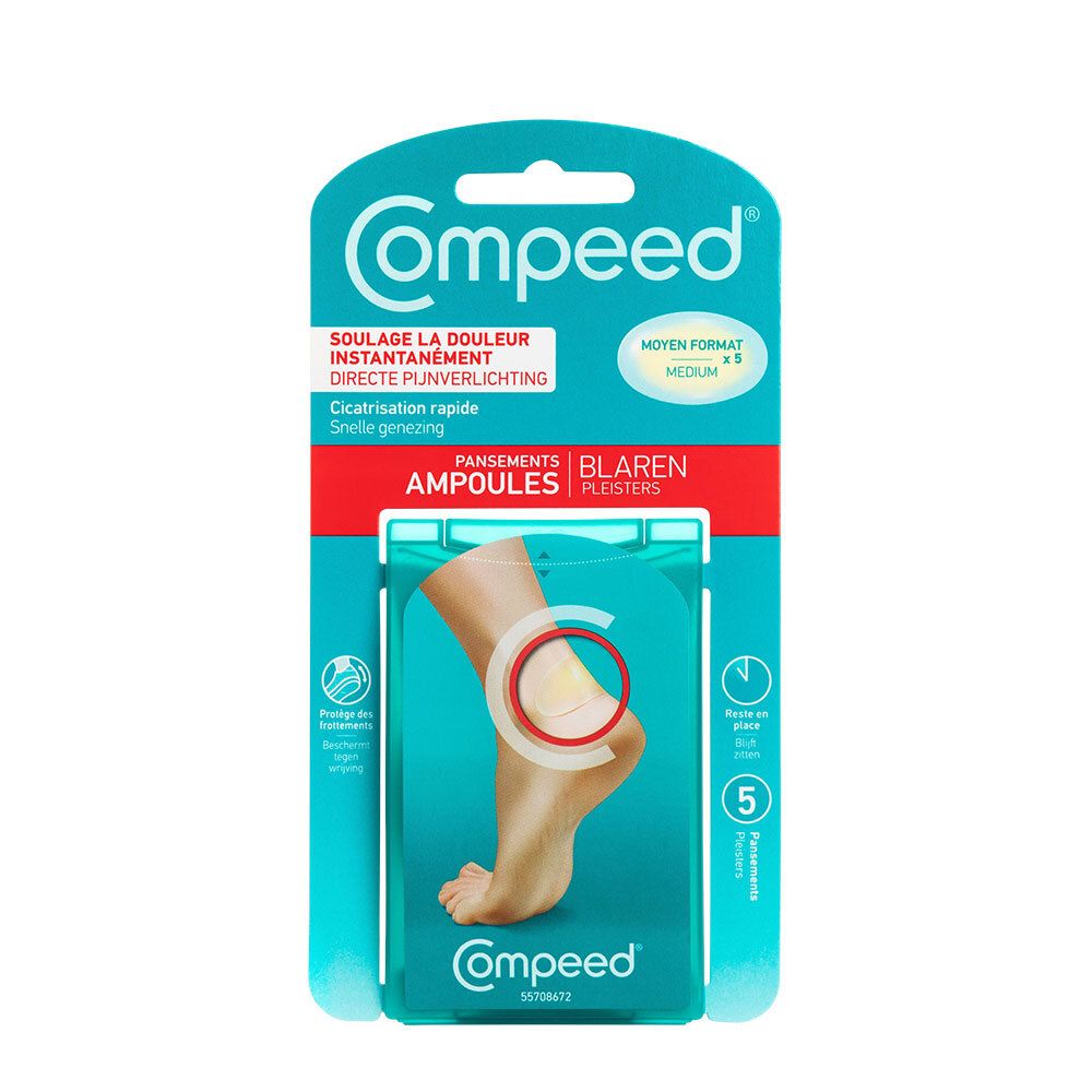 Compeed® Blarenpleisters Medium. Verpakking met 5 pleisters. Vooraanzicht met productafbeelding en voet.