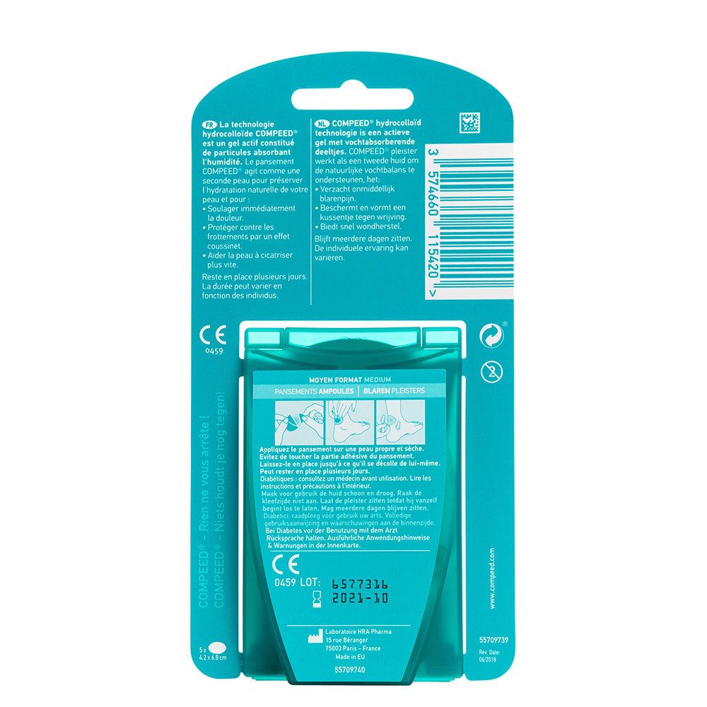 Achterkant van de Compeed® Blarenpleisters Medium verpakking. Informatie en gebruiksaanwijzing.