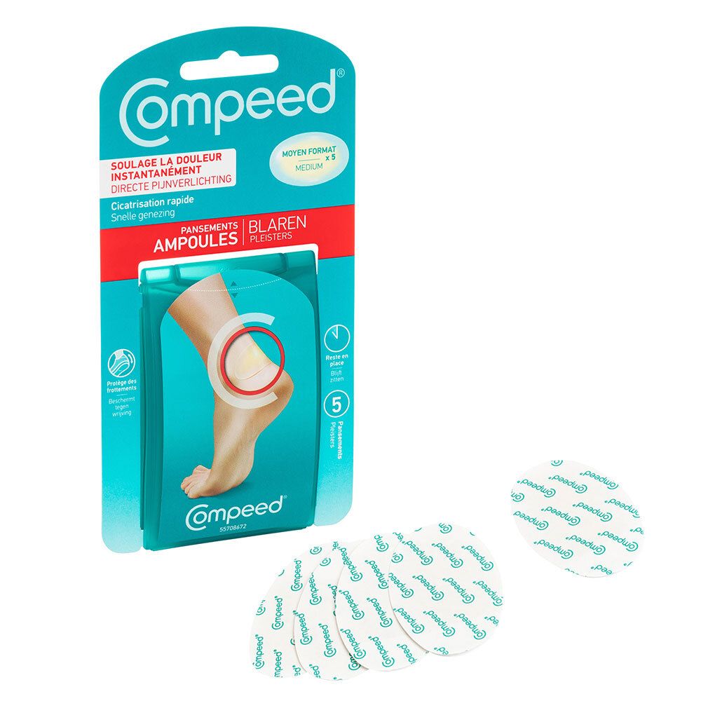 Compeed® Blarenpleisters Medium en losse pleisters. Verpakking met 5 pleisters.