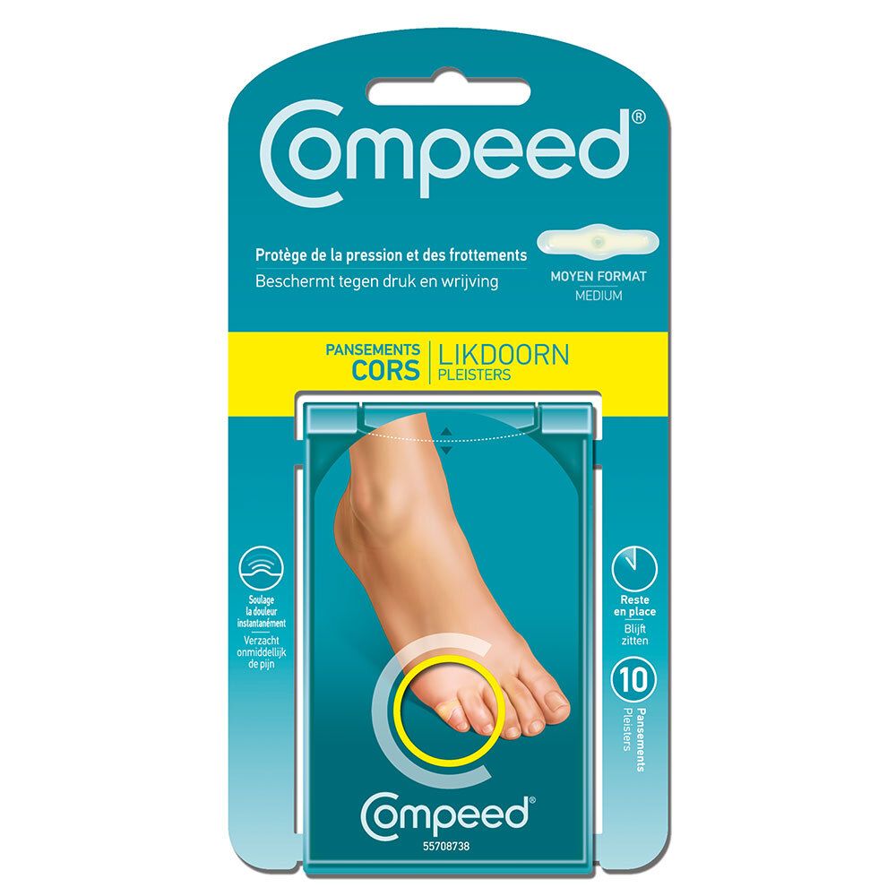 Compeed® Medium. Paquet de 10 pansements. Pied avec cercle jaune autour de l'orteil. Texte: Protection contre la pression et les frottements.