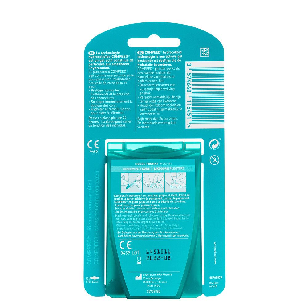 Dos du paquet Compeed® Medium. Informations produit, mode d'emploi, code-barres et marquage CE.