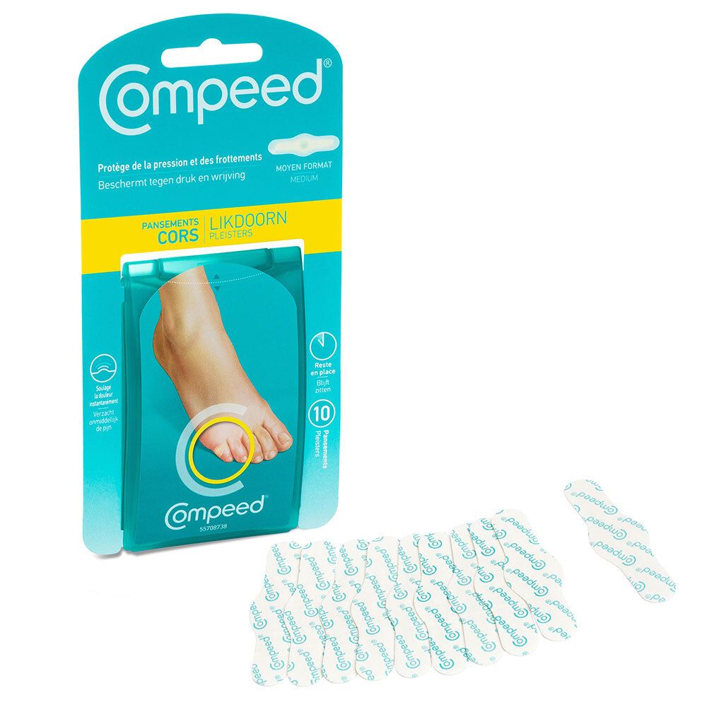 Compeed® Medium. Emballage et 10 pansements. Pansements à côté de l'emballage. Texte: Protection contre la pression et les frottements.