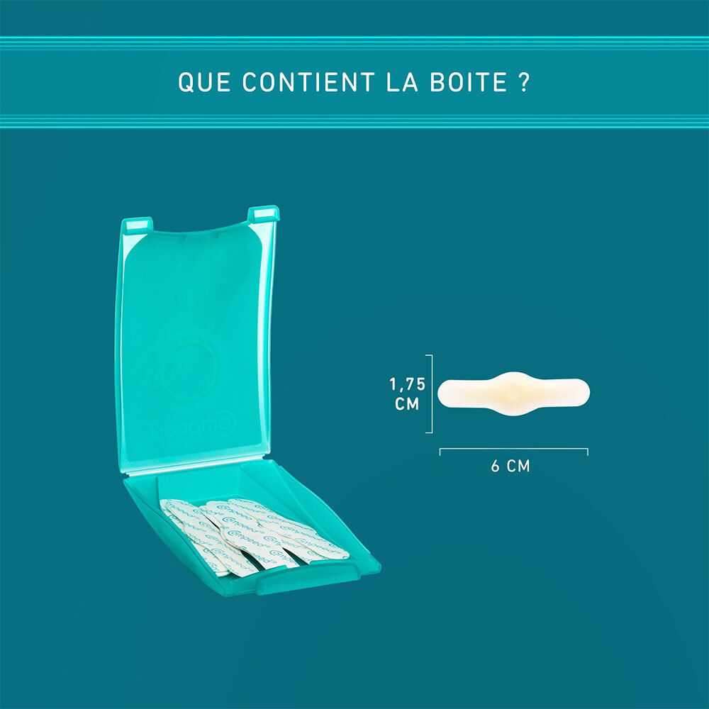 Graphique: Boîte de pansements Compeed®. Boîte ouverte avec pansements. Dimensions: 6 cm x 1,75 cm.