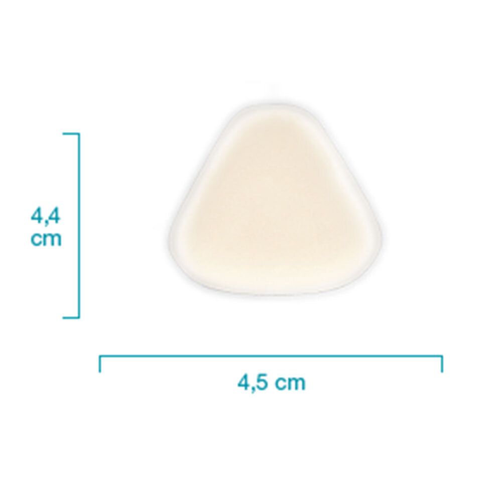 Een enkele, driehoekige pleister. Afmetingen: 4,5 cm breed en 4,4 cm hoog. Beige kleur.