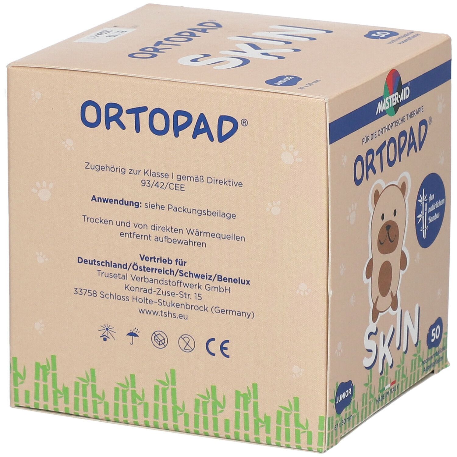 Karton ORTOPAD Skin Junior. Text: Für die orthoptische Therapie. CE-Zeichen. Vertriebsinfo. Trocken lagern.
