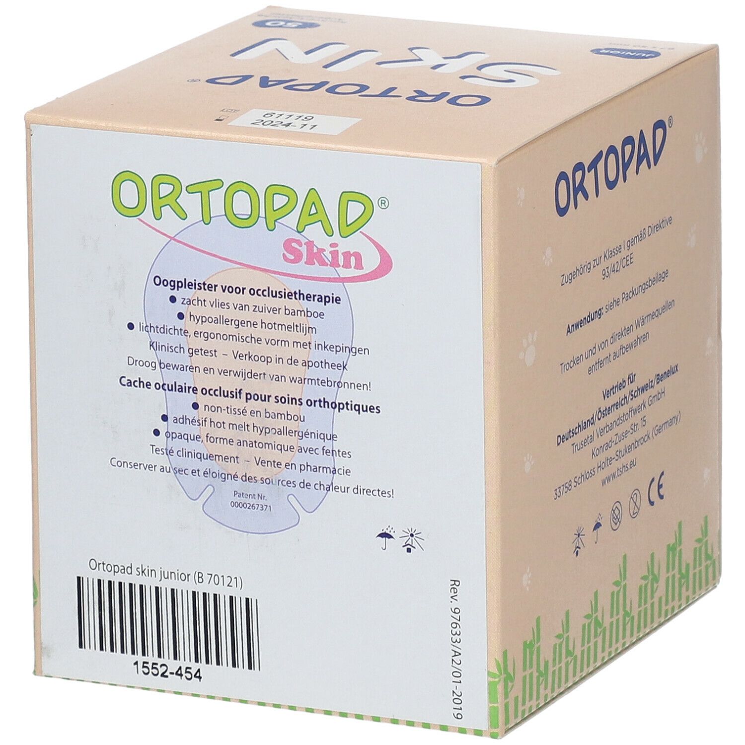 Karton ORTOPAD Skin. Text: Oogpleister voor occlusietherapie. Hypoallergeen. Verkocht in apotheek. 1552-454.