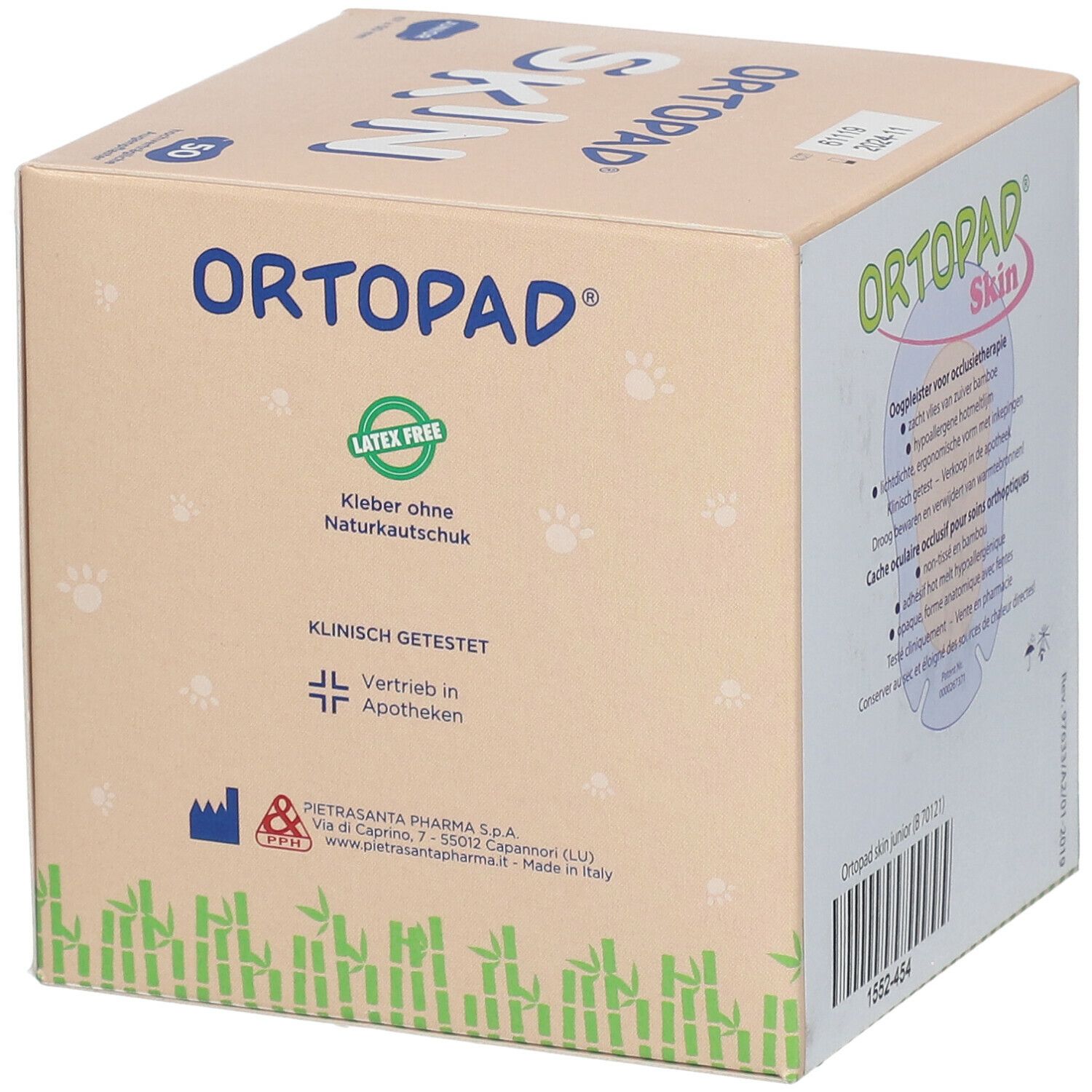 Karton ORTOPAD Skin. Latex-frei. Klinisch getestet. In Apotheken. Bambus-Illustration. Pietrasanta Pharma.