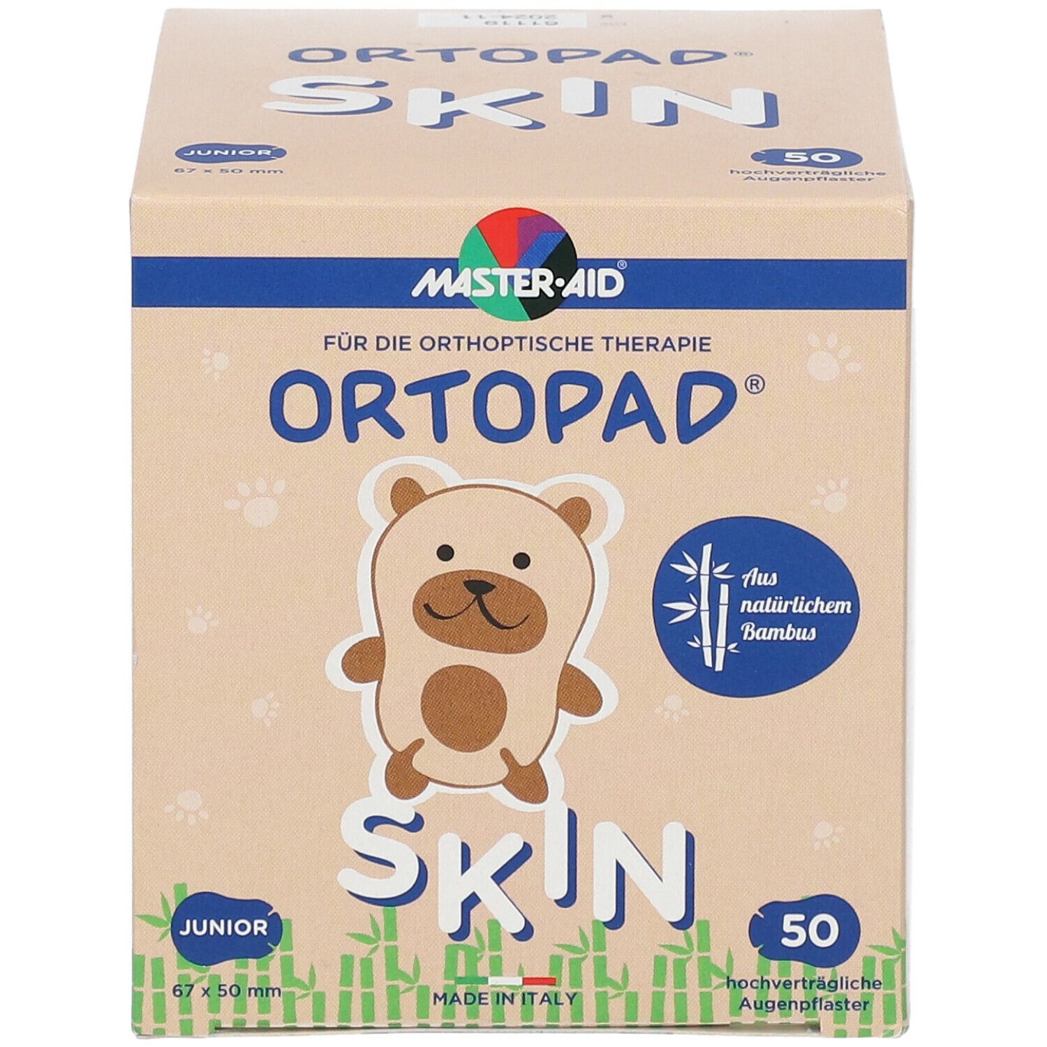 Karton ORTOPAD Skin Junior. Bär-Illustration. 50 Pflaster. 67 x 50 mm. Aus Bambus. Made in Italy.