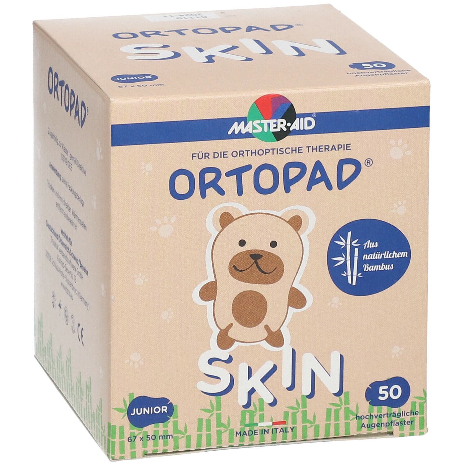 Karton ORTOPAD Skin Junior. Bär-Illustration. 50 Pflaster. 67 x 50 mm. Aus Bambus. Made in Italy.