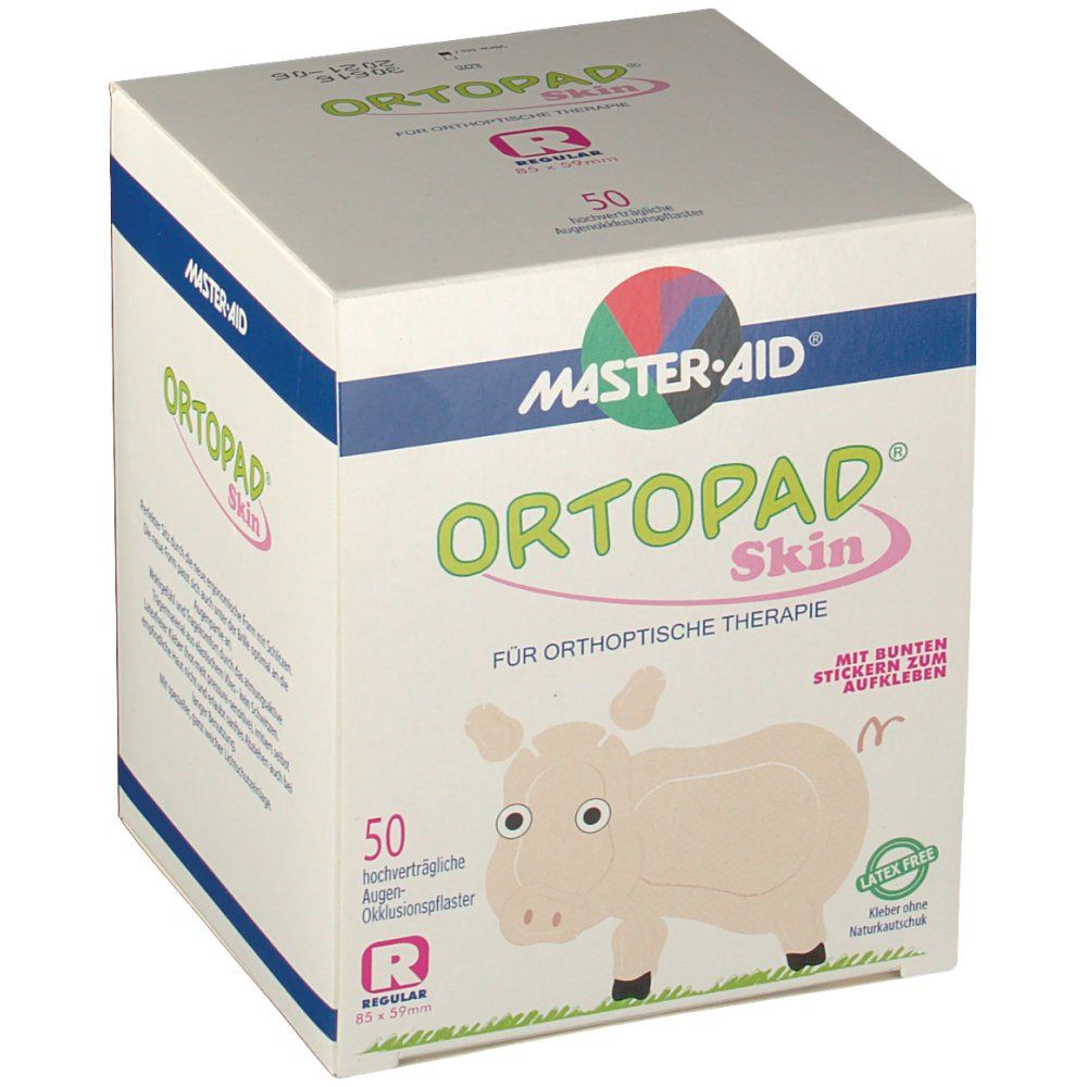 Doos met 50 oogpleisters. Opschrift: Ortopad Skin, Master-Aid. Met gekleurde stickers. Latexvrij.