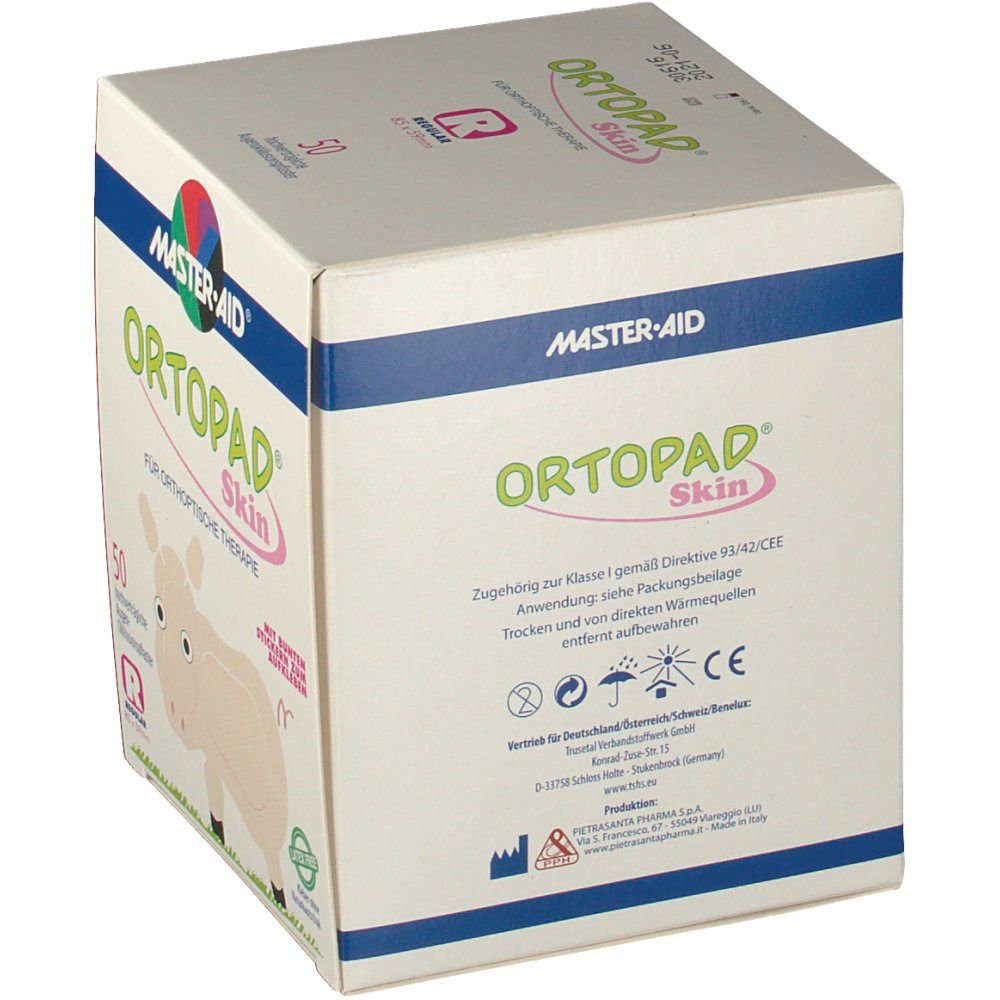 Doos met 50 oogpleisters. Opschrift: Ortopad Skin, Master-Aid. Gebruiksinfo en CE-markering.