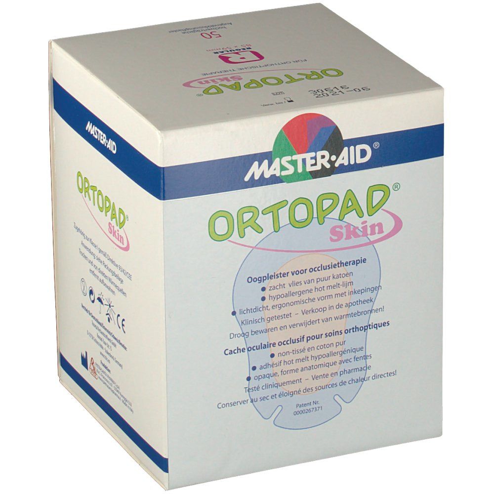 Doos met 50 oogpleisters. Opschrift: Ortopad Skin, Master-Aid. Gebruiksinfo en CE-markering.
