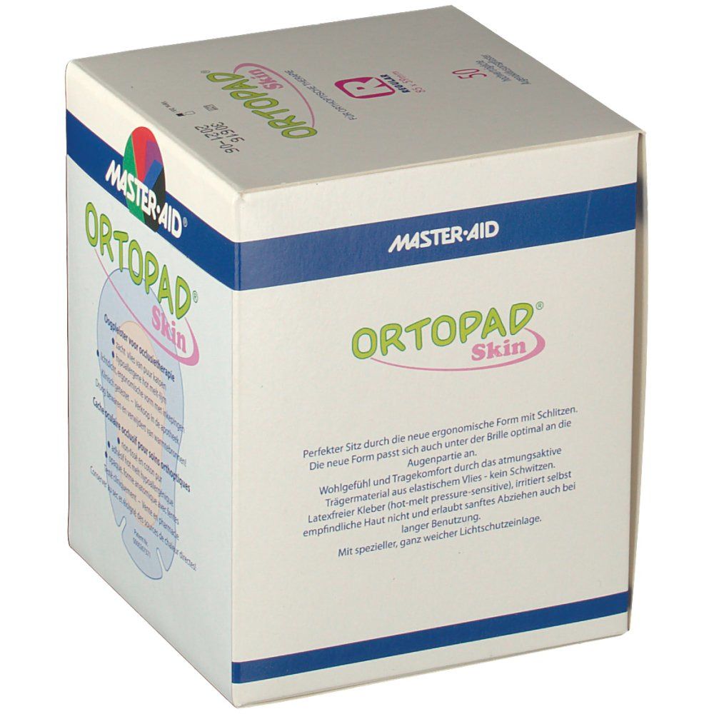 Doos met 50 oogpleisters. Opschrift: Ortopad Skin, Master-Aid. Gebruiksinfo en CE-markering.