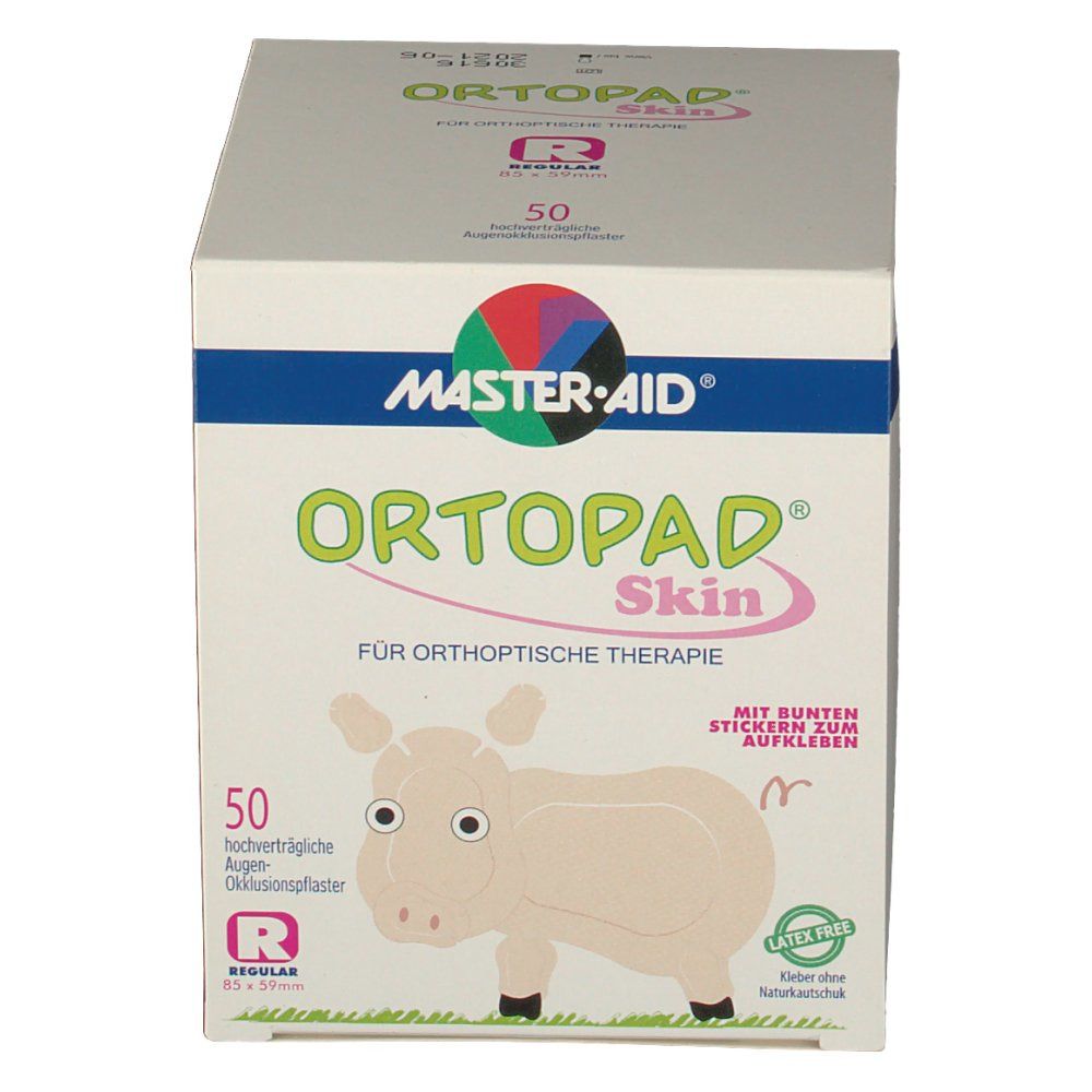 Doos met 50 oogpleisters. Opschrift: Ortopad Skin, Master-Aid. Gebruiksinfo en CE-markering.