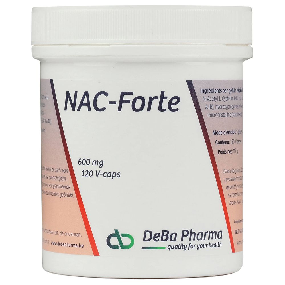 Witte pot met opschrift NAC-Forte, 600 mg, 120 V-caps. DeBa Pharma logo onderaan.